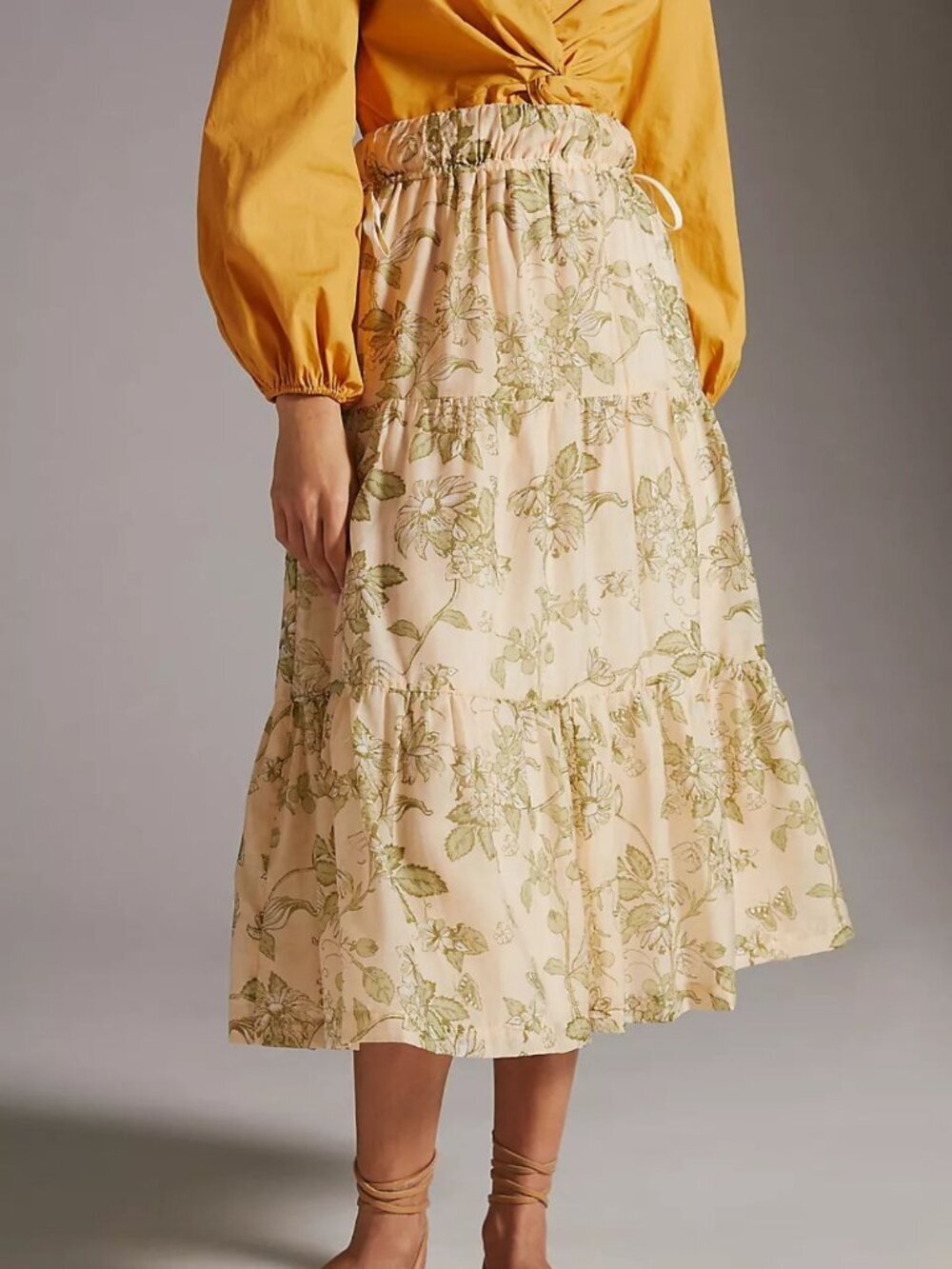 Mon Renn Cream Green Botanical A-Line floral Midi Skirt Size Large 8565